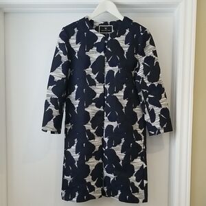 Melanie Lyne Navy and White Floral Trench Coat. Size XS